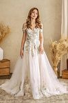 Liv | Say "I Do" to a Romantic Off the Shoulder Wedding Dress Under 500 - White Floral - PromDressClub