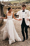 Eartha | Modern Backless Square Neck White Satin Long Wedding Dress with A - Line - Price #price_variant_lowest# - White - PromDressClub