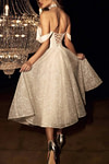 Eden | Sparkly Sweetheart Backless A - Line Ivory Sequin Midi Wedding Dress with Spaghetti Straps - Price #price_variant_lowest# - Ivory - PromDressClub