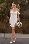 Eileen | Simple Cowl Neck Pleated Short/Mini White Satin Wedding dress with Slit and Off the Shoulder - Price #price_variant_lowest# - White - PromDressClub