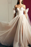 Enid | Glamorous Beach Off the Shoulder A Line Champagne Tulle Wedding Dress with Slit - Price #price_variant_lowest# - Champagne - PromDressClub