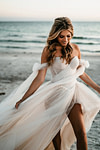 Enid | Glamorous Beach Off the Shoulder A Line Champagne Tulle Wedding Dress with Slit - Price #price_variant_lowest# - Champagne - PromDressClub