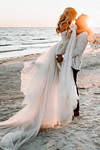 Enid | Glamorous Beach Off the Shoulder A Line Champagne Tulle Wedding Dress with Slit - Price #price_variant_lowest# - Champagne - PromDressClub
