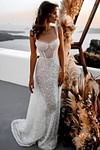 Eve | Sparkly A Line Spaghetti Strap Long White Sequin Wedding Dress Train - Price #price_variant_lowest# - White - PromDressClub