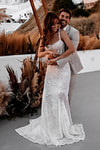 Eve | Sparkly A Line Spaghetti Strap Long White Sequin Wedding Dress Train - Price #price_variant_lowest# - White - PromDressClub