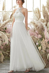 Gill | A Line Halter Neckline Open Back Long White Tulle Wedding Dress - Price #price_variant_lowest# - White - PromDressClub
