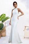 Harriet | Simple Mermaid Halter Neck Backless White Satin Wedding Dress with Bow - Price #price_variant_lowest# - White - PromDressClub