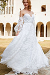Hilary | A Line Sweetheart Backless White Organza Wedding Dress Train with Off the Shoulder - Price #price_variant_lowest# - White - PromDressClub