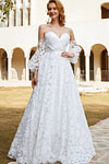 Hilary | A Line Sweetheart Backless White Organza Wedding Dress Train with Off the Shoulder - Price #price_variant_lowest# - White - PromDressClub