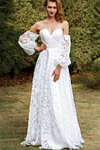 Hilary | A Line Sweetheart Backless White Organza Wedding Dress Train with Off the Shoulder - Price #price_variant_lowest# - White - PromDressClub