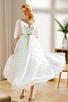 Hulda | Puff Sleeve V Neck Midi Floral Wedding Dress A Line - Price #price_variant_lowest# - Green Floral - PromDressClub