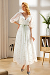 Hulda | Puff Sleeve V Neck Midi Floral Wedding Dress A Line - Price #price_variant_lowest# - Green Floral - PromDressClub