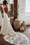 Isabel | Exquisite Mermaid Backless White Lace Wedding Dress with Sweep Train - White - PromDressClub