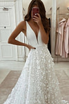 Jamie | Elegant V Neck Sleeveless White Wedding Dress with 3D Floral Appliques - White - PromDressClub