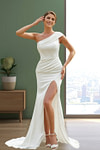Jenny | Sheath/Column Satin Ruched One shoulder Ivory Wedding Dress Train with Slit - Ivory - PromDressClub