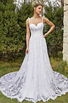 Joanna | Elegant A Line Lace Spaghetti Strap Sweetheart Neckline White Wedding Dress with Court Train - White - PromDressClub