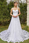 Joanna | Elegant A Line Lace Spaghetti Strap Sweetheart Neckline White Wedding Dress with Court Train - White - PromDressClub