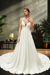 Joanne | Elegant Princess Satin V Neck Spaghetti Strap Wedding Dress with Court Train for Outdoor Weddings - Ivory - PromDressClub