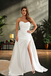 Jocelyn | Elegant Sheatn/Column Ivory Satin Spaghetti Strap Corset Wedding Dress with Side Slit - Ivory - PromDressClub