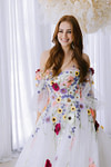 Josephine | Exquisite White Flower Strapless Long Sleeve Corset Wedding Dress - White Floral - PromDressClub