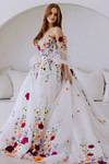 Josephine | Exquisite White Flower Strapless Long Sleeve Corset Wedding Dress - White Floral - PromDressClub