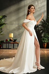 Joyce | A Line/Princess Off the Shoulder Sweetheart Neck Satin Ruched Wedding Dress with Slit - Ivory - PromDressClub