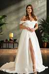 Joyce | A Line/Princess Off the Shoulder Sweetheart Neck Satin Ruched Wedding Dress with Slit - Ivory - PromDressClub