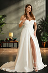 Joyce | A Line/Princess Off the Shoulder Sweetheart Neck Satin Ruched Wedding Dress with Slit - Ivory - PromDressClub