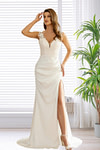Julia | Elegant Mermaid V Neck Lace Satin Backless Ivory Wedding Dress with Slit - Ivory - PromDressClub