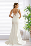 Julia | Elegant Mermaid V Neck Lace Satin Backless Ivory Wedding Dress with Slit - Ivory - PromDressClub