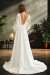 Kama | Elegant Sheath V Neck Lace Long Sleeve Ivory Chiffon Wedding Dress with Train from PDC - Ivory - PromDressClub