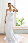 Katherine | Elegant Sheath/Column White Satin Spaghetti Strap Backless Wedding Dress with Court Train - White - PromDressClub