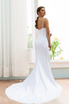 Katherine | Elegant Sheath/Column White Satin Spaghetti Strap Backless Wedding Dress with Court Train - White - PromDressClub