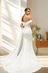 Laura | Elegant Off the Shoulder Mermaid Satin Ruched Wedding Dress with Train - Ivory - PromDressClub