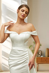 Laura | Elegant Off the Shoulder Mermaid Satin Ruched Wedding Dress with Train - Ivory - PromDressClub