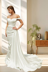 Laura | Elegant Off the Shoulder Mermaid Satin Ruched Wedding Dress with Train - Ivory - PromDressClub