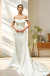 Laura | Elegant Off the Shoulder Mermaid Satin Ruched Wedding Dress with Train - Ivory - PromDressClub