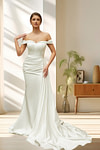 Laura | Elegant Off the Shoulder Mermaid Satin Ruched Wedding Dress with Train - Ivory - PromDressClub