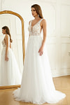 Lesley | Stunning A Line/Princess V Neck Applique Lace Tulle Wedding Dress with Sweep Train - White - PromDressClub