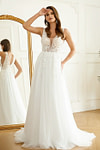 Lesley | Stunning A Line/Princess V Neck Applique Lace Tulle Wedding Dress with Sweep Train - White - PromDressClub