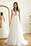 Lesley | Stunning A Line/Princess V Neck Applique Lace Tulle Wedding Dress with Sweep Train - White - PromDressClub