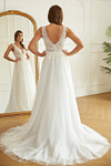 Lesley | Stunning A Line/Princess V Neck Applique Lace Tulle Wedding Dress with Sweep Train - White - PromDressClub