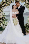 Lisa | Stunning Boho Ball - Gown/Princess Off the Shoulder Floral Applique Wedding Dress with Long Train - White - PromDressClub