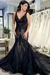 Mandy | Gothic Black Mermaid V Neck Lace Wedding Dress with Long Train - Black - PromDressClub