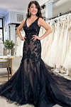 Gothic Black Mermaid V Neck Lace Wedding Dress with Long Train