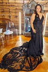 Martina | Plus Size Black and White Mermaid V Neck Wedding Dress with Long Train - Black - PromDressClub