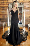 Martina | Plus Size Black and White Mermaid V Neck Wedding Dress with Long Train - White - PromDressClub