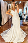 Martina | Plus Size Black and White Mermaid V Neck Wedding Dress with Long Train - White - PromDressClub