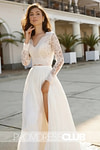 Maureen |Fall Long Wedding Dresses Near Me With Two Piece V - neck Sweep Train Lace Long Sleeves - Price #price_variant_lowest# - White - PromDressClub