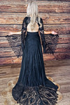 Maureen | Gothic Black V Neck Corset Backless Bell Sleeve Lace Wedding Dress - Black - PromDressClub